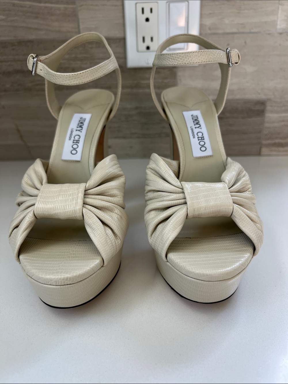 Jimmy Choo heloise 120 bamboo cream light tan soft lizard printed leather heels - Picture 6 of 12